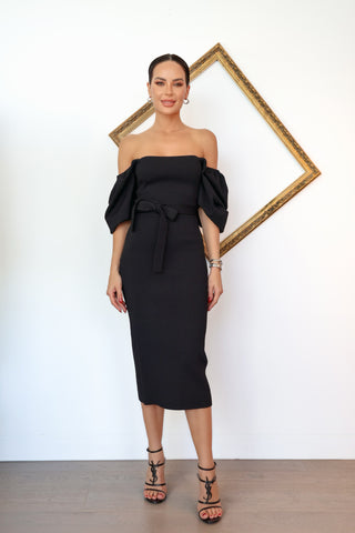 Scanlan Theodore black crepe knit off shoulder coupe sleeve dress size small.