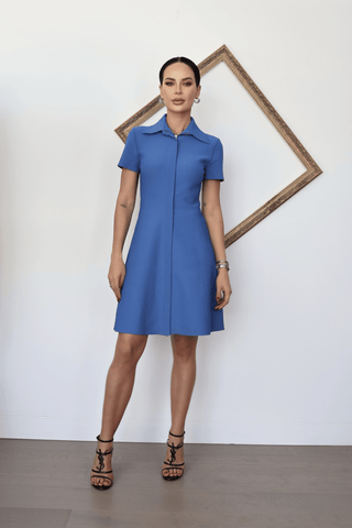 Scanlan Theodore blue crepe knit shirt mini dress with collar size S.