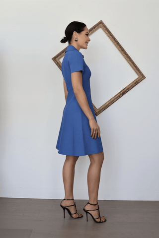 Scanlan Theodore blue crepe knit shirt mini dress with collar size S.