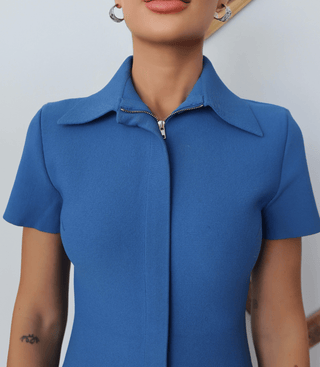 Scanlan Theodore blue crepe knit shirt mini dress with collar size S.
