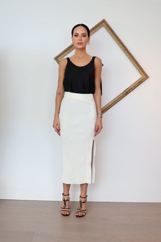 Dion Lee white ribbed knit midi skirt with cable twist detail and front slit