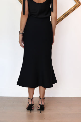 Scanlan Theodore black crepe knit soft hem midi skirt fitted silhouette