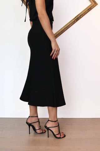 Scanlan Theodore black crepe knit soft hem midi skirt fitted silhouette
