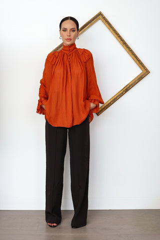 Zimmermann Brightside orange burnout satin frill gathered blouse size 0.
