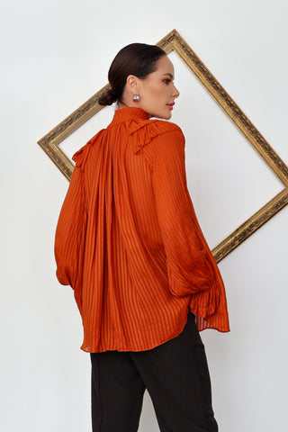 Zimmermann Brightside orange burnout satin frill gathered blouse size 0.