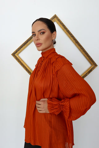 Zimmermann Brightside orange burnout satin frill gathered blouse size 0.