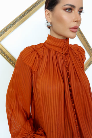 Zimmermann Brightside orange burnout satin frill gathered blouse size 0.
