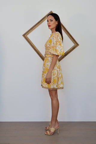 Zimmermann Postcard yellow swirl floral mini dress with puff sleeves and belt size 0.