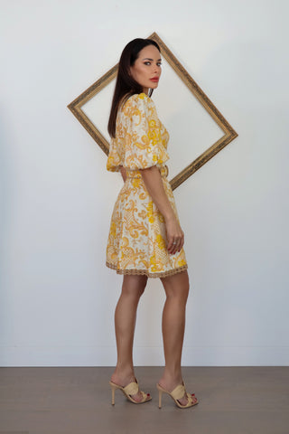 Zimmermann Postcard yellow swirl floral mini dress with puff sleeves and belt size 0.