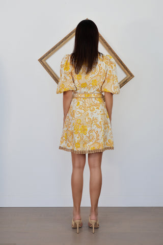 Zimmermann Postcard yellow swirl floral mini dress with puff sleeves and belt size 0.