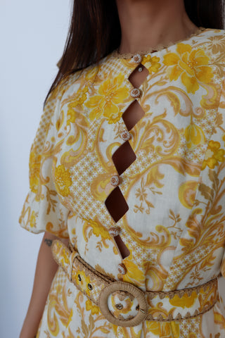 Zimmermann Postcard yellow swirl floral mini dress with puff sleeves and belt size 0.