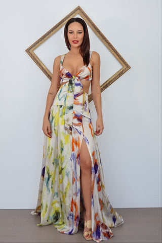 Silvia Tcherassi Cervo multi colour painterly print cut-out maxi dress.