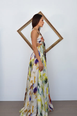 Silvia Tcherassi Cervo multi colour painterly print cut-out maxi dress.