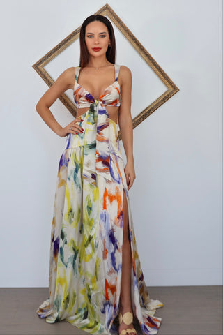 Silvia Tcherassi Cervo multi colour painterly print cut-out maxi dress.