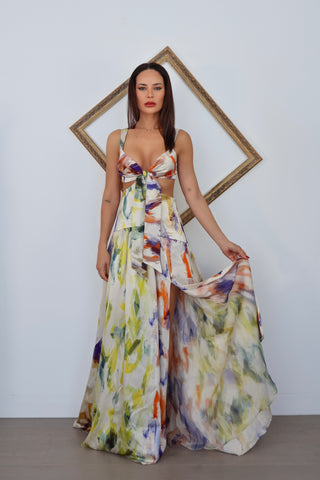 Silvia Tcherassi Cervo multi colour painterly print cut-out maxi dress.