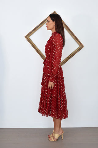 Zimmermann Ladybeetle red polka dot midi dress size 0 tiered sheer long sleeve very good condition.