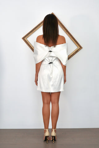 Sau Lee Paola white off shoulder mini dress with twist bow neckline US4.