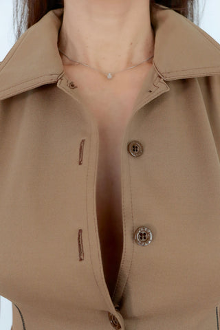 Fendi vintage brown mini dress set with contrast stitching front buttons and waist zip detail.