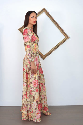 Zimmermann Honour floral plunge long dress with button front and long sleeves size 0.