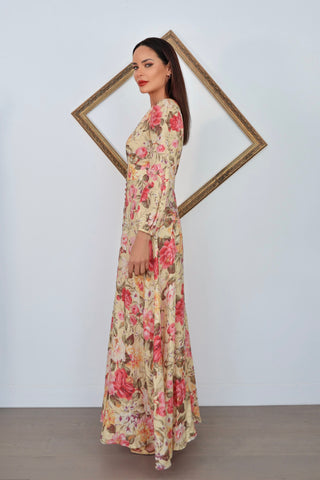 Zimmermann Honour floral plunge long dress with button front and long sleeves size 0.