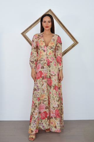 Zimmermann Honour floral plunge long dress with button front and long sleeves size 0.