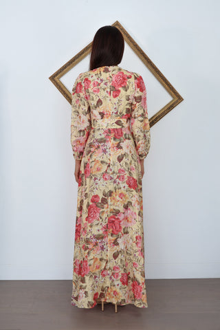Zimmermann Honour floral plunge long dress with button front and long sleeves size 0.