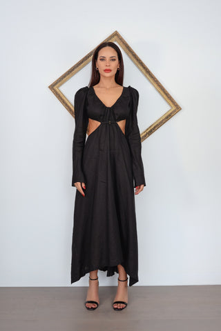 KITX Vital Signs black midi dress with cut out waist and strappy open back detail AU10.