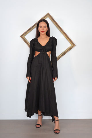 KITX Vital Signs black midi dress with cut out waist and strappy open back detail AU10.