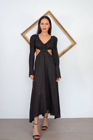 KITX Vital Signs black midi dress with cut out waist and strappy open back detail AU10.