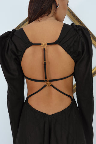 KITX Vital Signs black midi dress with cut out waist and strappy open back detail AU10.