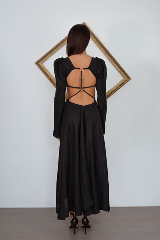 KITX Vital Signs black midi dress with cut out waist and strappy open back detail AU10.