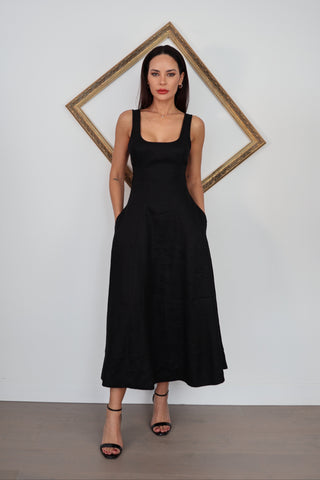 Zimmermann Lulu black linen midi dress with side cut out and tie back detail size 0.