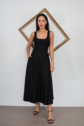 Zimmermann Lulu black linen midi dress with side cut out and tie back detail size 0.
