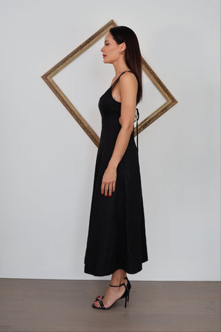 Zimmermann Lulu black linen midi dress with side cut out and tie back detail size 0.