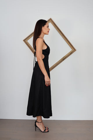 Zimmermann Lulu black linen midi dress with side cut out and tie back detail size 0.
