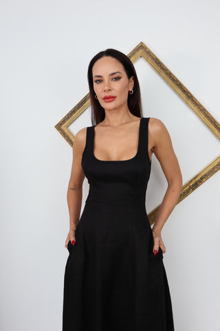 Zimmermann Lulu black linen midi dress with side cut out and tie back detail size 0.