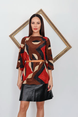 Ralph Lauren silk geometric print blouse with waist belt detail and relaxed fit silhouette.