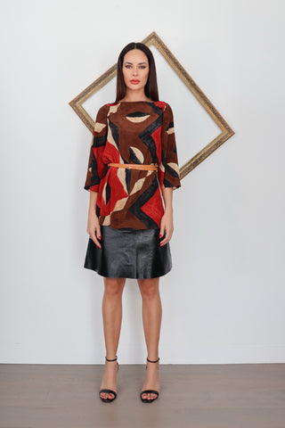 Ralph Lauren silk geometric print blouse with waist belt detail and relaxed fit silhouette.