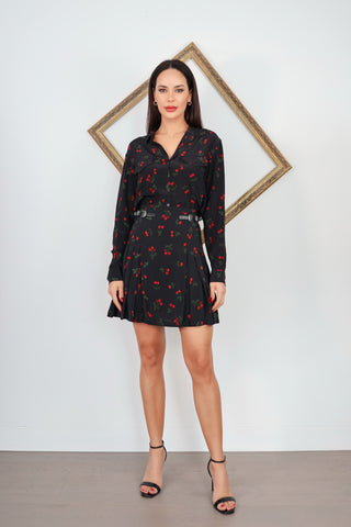 The Kooples black cherry print silk shirt and mini skirt set with belt detail.