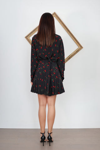 The Kooples black cherry print silk shirt and mini skirt set with belt detail.