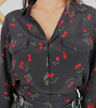 The Kooples black cherry print silk shirt and mini skirt set with belt detail.