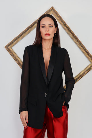Carla Zampatti black tailored blazer with sheer sleeves and single button front.