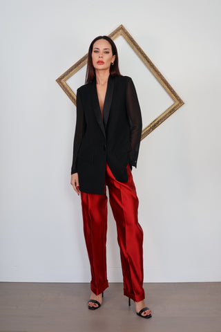 Carla Zampatti black tailored blazer with sheer sleeves and single button front.