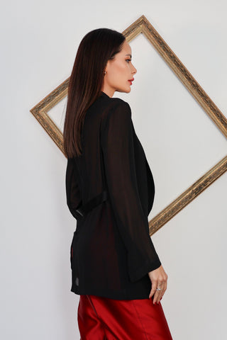 Carla Zampatti black tailored blazer with sheer sleeves and single button front.