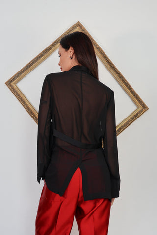 Carla Zampatti black tailored blazer with sheer sleeves and single button front.