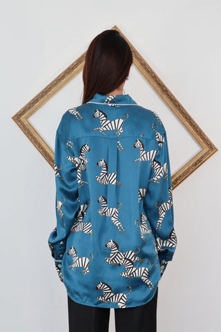 Olivia von Halle blue zebra print silk pyjama set with contrast piping and relaxed fit.