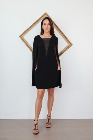 Maje black cape mini dress with grey sheer front panel and open back detail