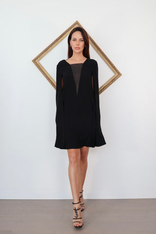 Maje black cape mini dress with grey sheer front panel and open back detail