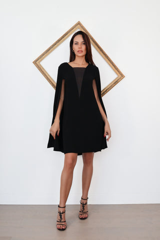 Maje black cape mini dress with grey sheer front panel and open back detail