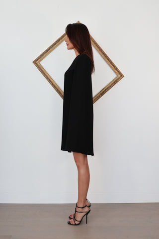 Maje black cape mini dress with grey sheer front panel and open back detail